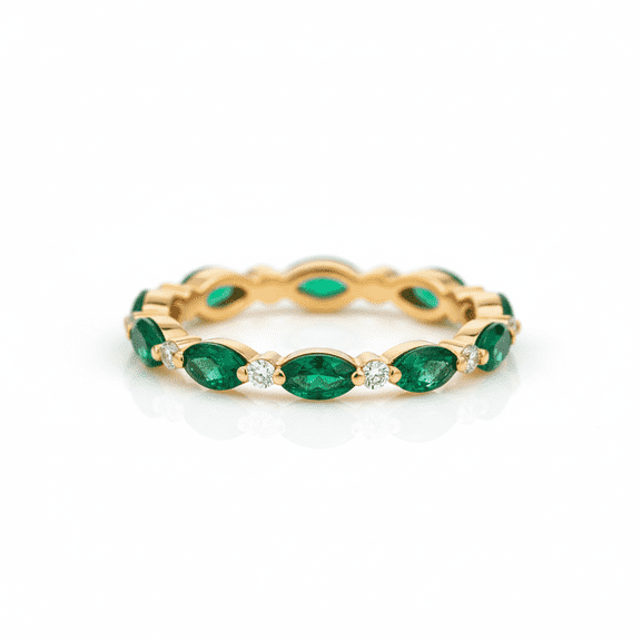 Marquise Cut Green Emerald & Diamond Alternate Stackable Eternity Ring, Engagement Ring,Dainty May Birthstone Ring, Delicate Ring.
