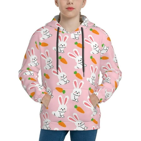 Jgfou Rabbit And Carrot Print Unisex Kids Sweatshirt Boys Girls Hooded Kangaroo Pocket Pullover Hoodies-Large