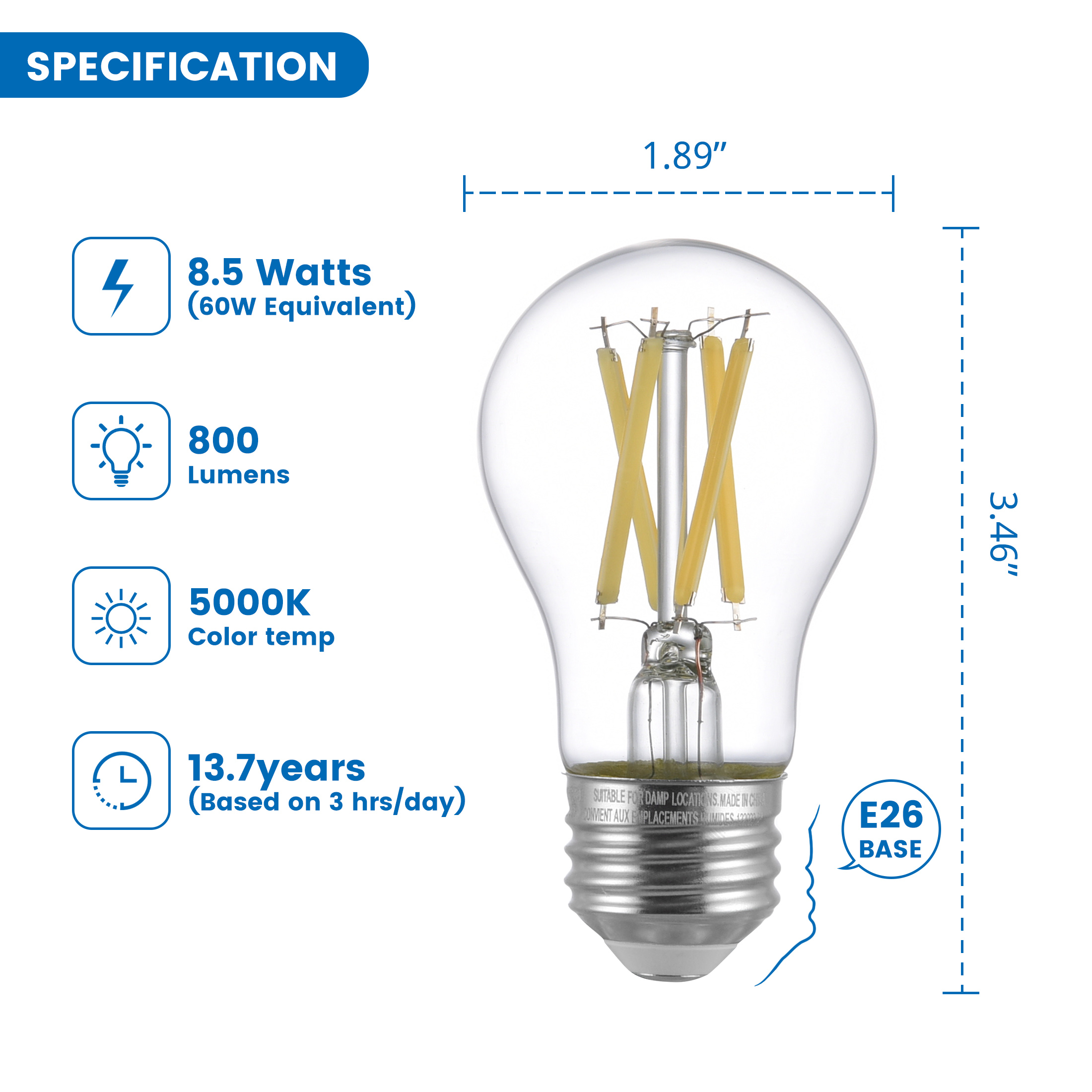 Great Value A15 LED Ceiling Fan Bulb, 8.5-Watt (60W Equivalent) Daylight Dimmable E26 Base (2 Pack)