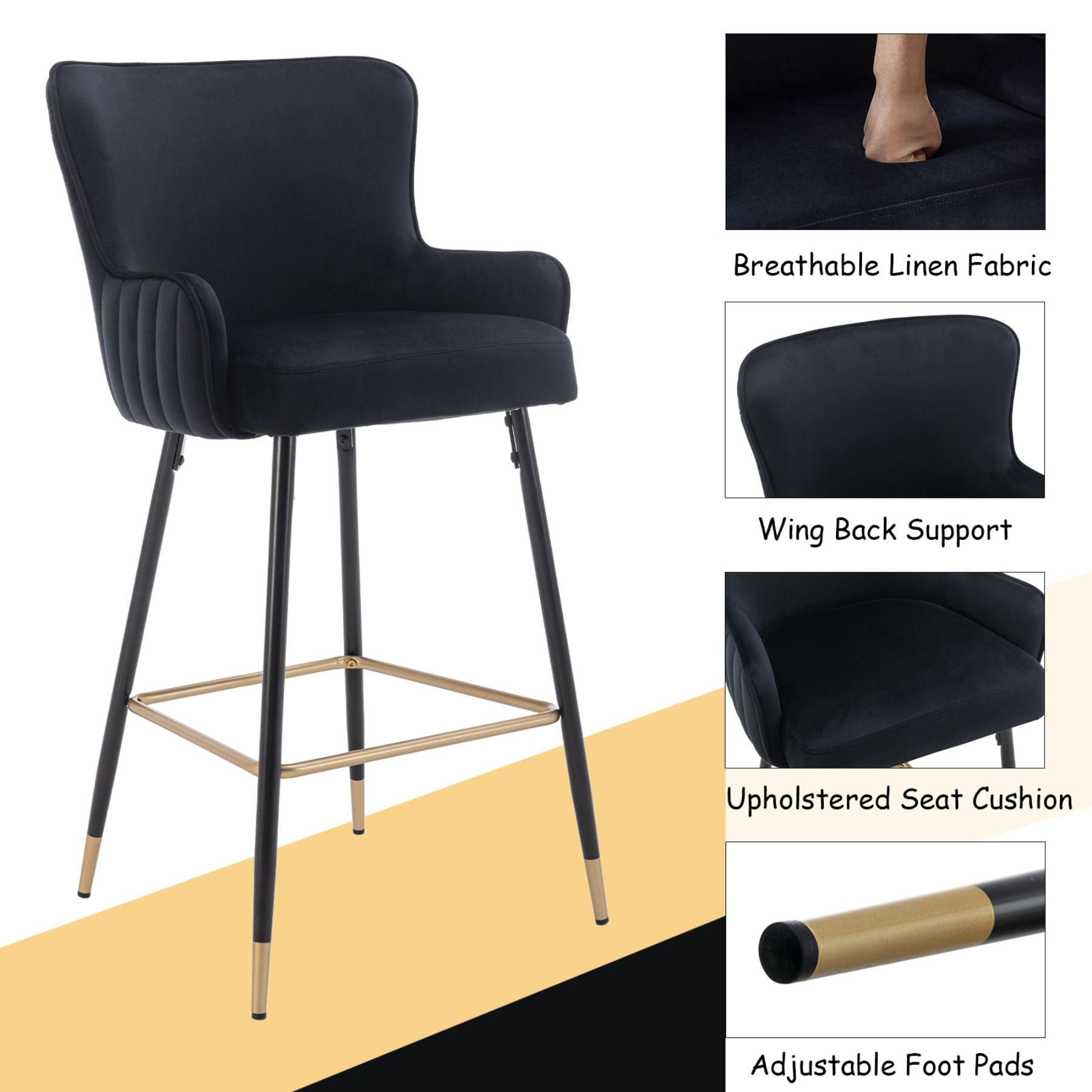 Dayalane 30" Velvet Bar Stools Set of 2, Modern Wingback Counter Height Stools with Gold Footrest for Kitchen Island, Dining Room, Home Bar, Black
