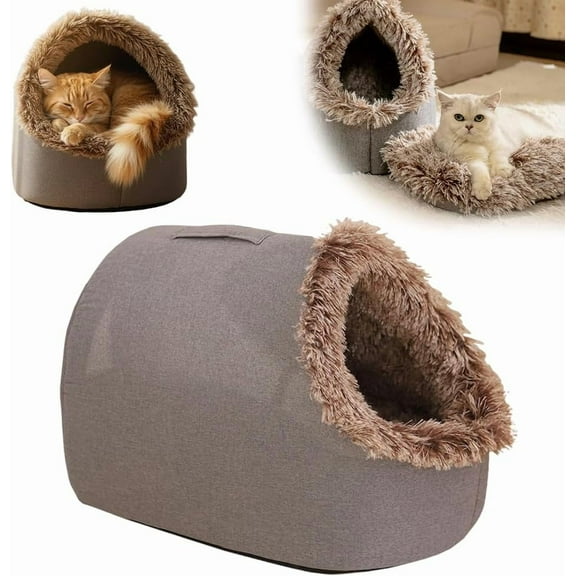 Winter Warm Pet Cave Bed, 2026 New Soft Plush Cozy Indoor Nest for Cats and Small Dogs, Removable Cushion Warming Pets Cozy Enclosed Cat House with Non-Slip Bottom for Winter (Brown, Medium, A)