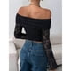 thumbnail image 5 of Camiseta de Larga con Hombros Descubiertos y Ribete de Encaje para Mujer, Estilo Y2K, con Doble Forro y Tendencia Negro L, 5 of 6