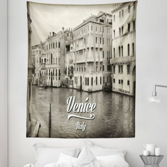 Venice Tapestry, Old Photo of Venice Italian City Vintage Filter Effect and Lettering History Memory, Fabric Wall Hanging Decor for Bedroom Living Room Dorm, 5 Sizes, Eggshell, by Ambesonne