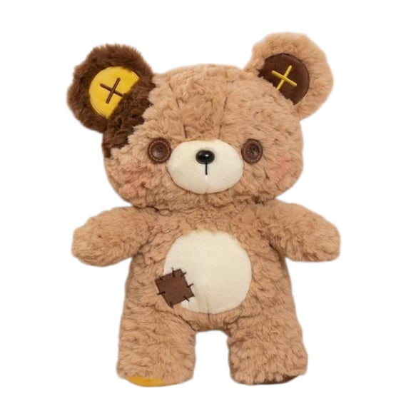 Brown Patchwork Bear Plush Toy, Soft Stuffed Animal Doll for Display and Gifting