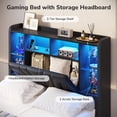 thumbnail image 4 of Twin Size Gaming Bed Frame with 2 Storage Drawers, LED Lights & Charging Station, Esports-Style Upholstered Platform Twin Beds with Bookcase Headboard, No Box Spring Needed, Black, 4 of 9
