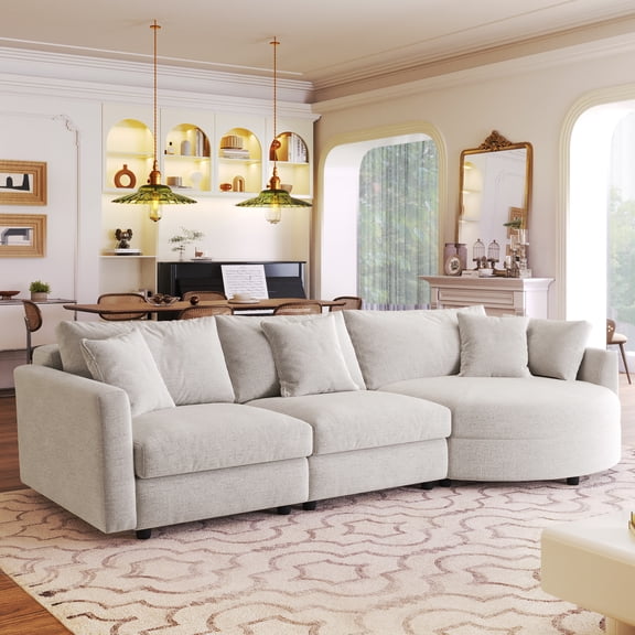U-Shaped Chenille Sectional Sofa, 105" Modern Curved Chaise Lounge with 3 Throw Pillows, Fabric Sofa for Living Room, Apartment, Office,Beige