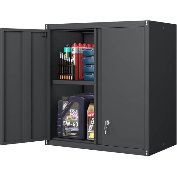 Metal Wall Storage Cabinet with 2 Locking Doors and Adjustable Shelves,Garage Wall Cabinets,Steel Lockable Storage Cabinet for Home Office,Garage,Warehouse Black