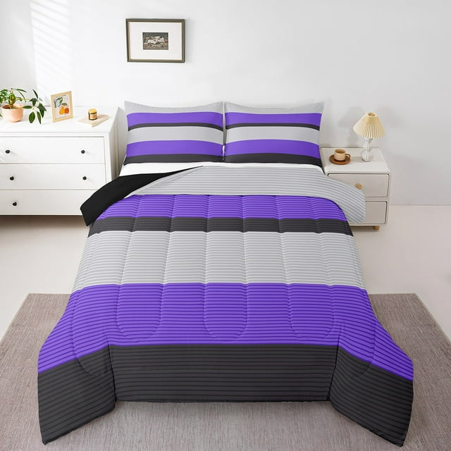 Erosebridal Geometric Stripes Bedding Sets Full with Comforter,Grey Purple Duvet Insert,Abstract Artwork Comforter Sets Full Size,Breathable Lines Room Decoration,Reversible,3-Piece