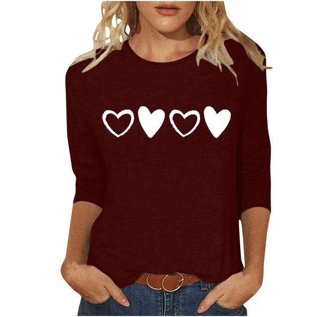 Plebaso Chemises à Manches 3/4 pour Femmes Mignonnes avec Cœur Hauts Amples Décontractés Blouses à Col Rond T-Shirts Imprimés