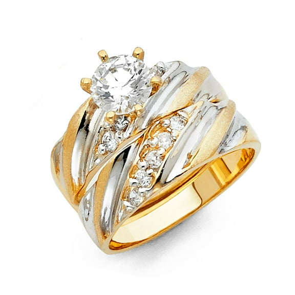 Wellingsale Ladies Solid 14k Two 2 Tone White and Yellow Gold Polished CZ Cubic Zirconia Round Cut Engagement Ring with Side Stones and Wedding Band Bridal Set - Size 4
