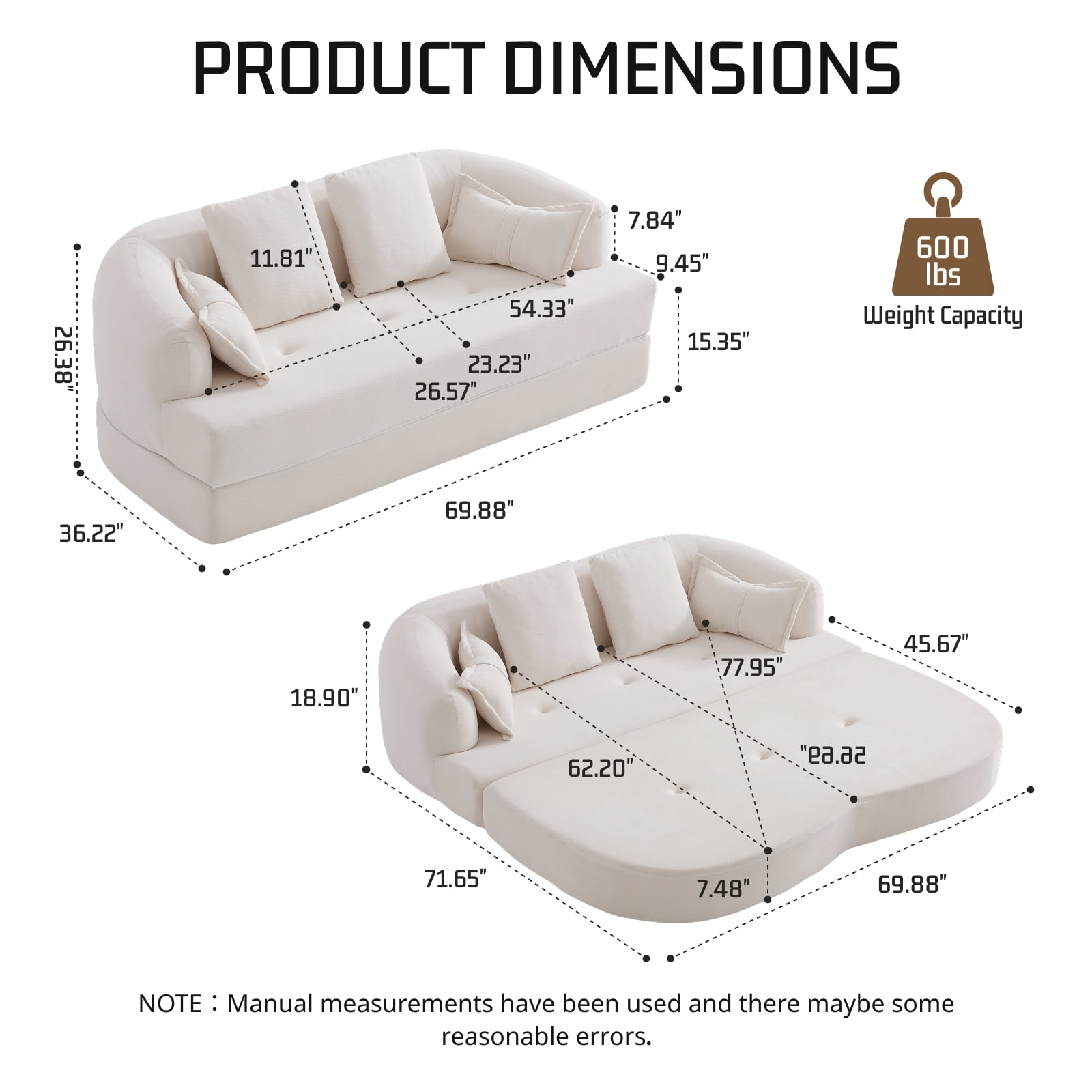 Lunale 70" Convertible Sofa Bed, 2-in-1 Sleeper Sofa, Chenille Boneless Couch for Small Spaces, White