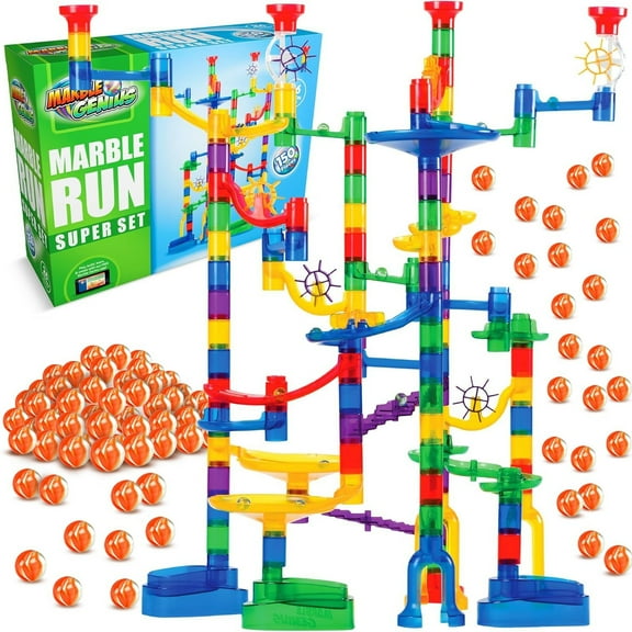 Marble Genius Marble Run - Maze Track or Race Game for Adults, Teens, Toddlers, or Kids Aged 4-8 years old, 150 Complete Pieces (85 Translucent Marbulous Pieces   65 Glass-Marble Set), Super Set