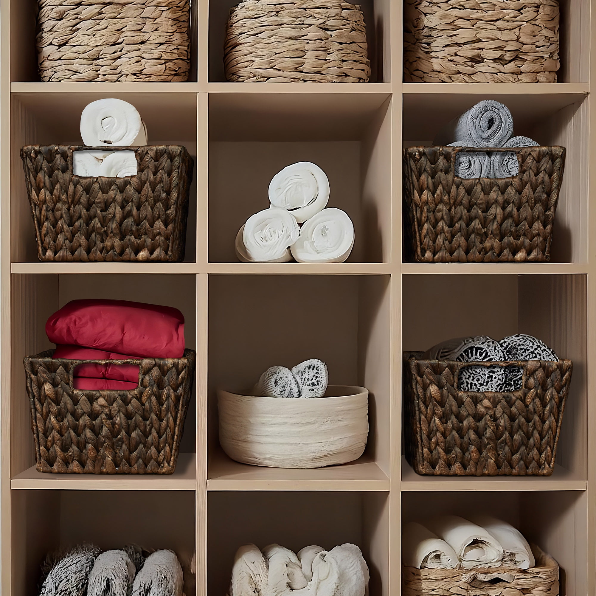 Casafield Set of 4 Water Hyacinth Storage Baskets with Handles - Espresso Brown, 12" x 9" x 6" Rectangular Storage Shelf Bins, Blankets, Laundry