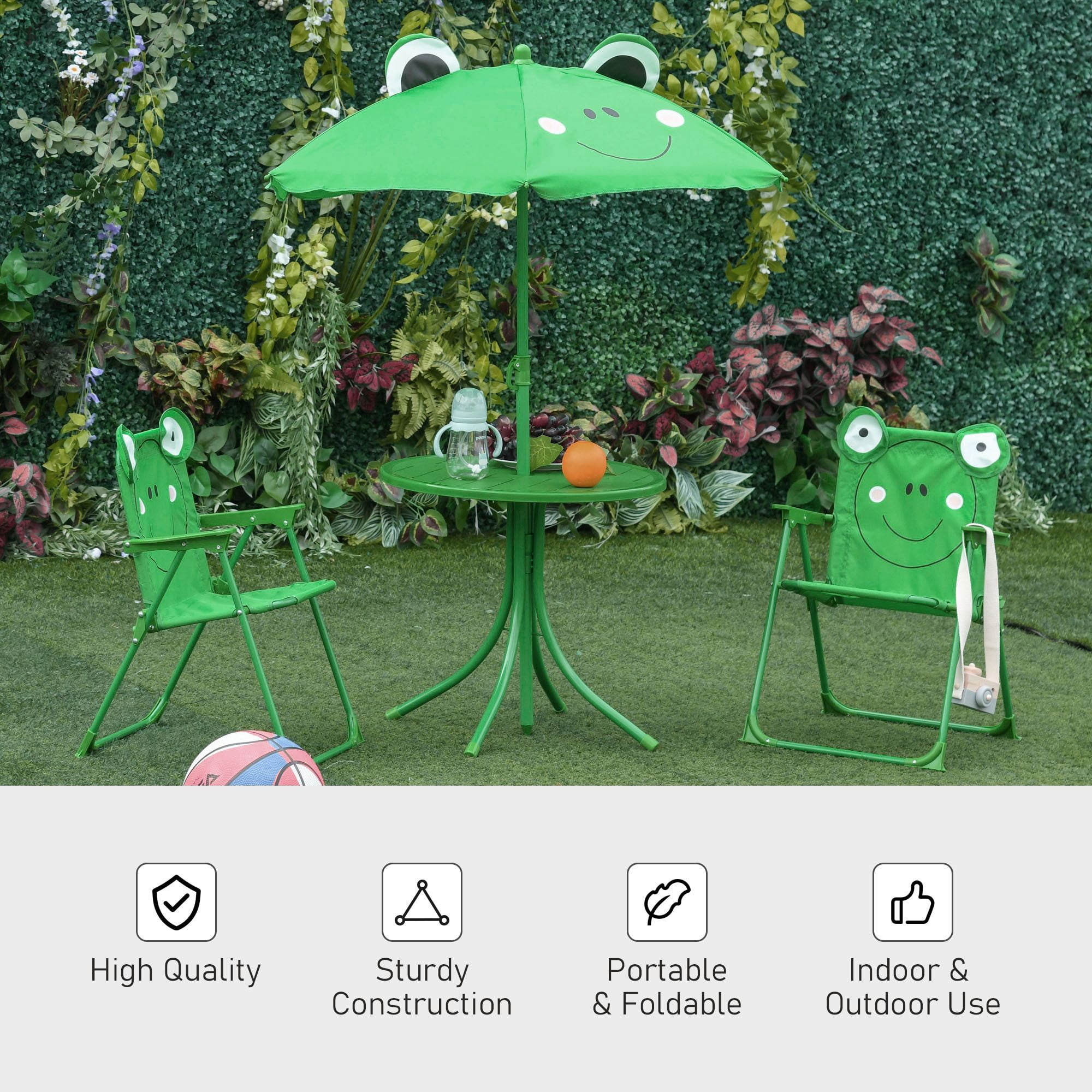Folding Kids Table and Chair Set, Picnic Table with Frog Pattern Removable & Height Adjustable Sun Umbrella for Garden, Backyard, Green
