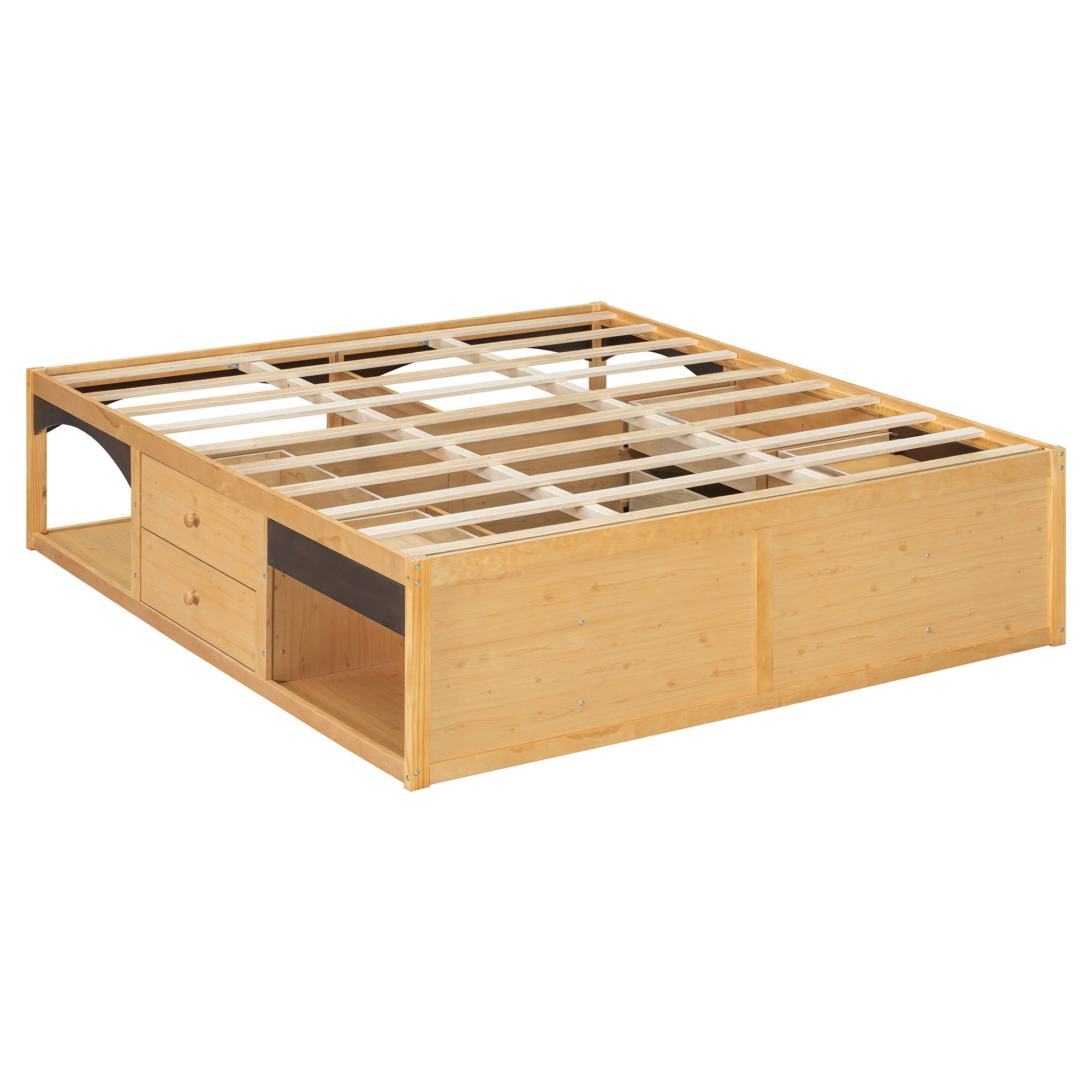 King Size Platform Bed with 2 Storage Drawers, Lighted Under-Bed Open Pet Space, No Headboard