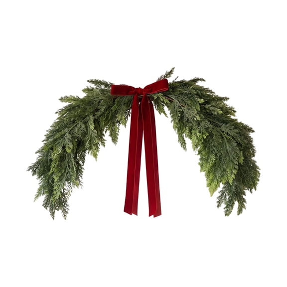 Christmas Artificial Leaves Swag with Red Velvet Ribbon Bow, Mirror Wall Decor for Entryway Wall Decor, Decor for Mantel Decorations for Fireplace