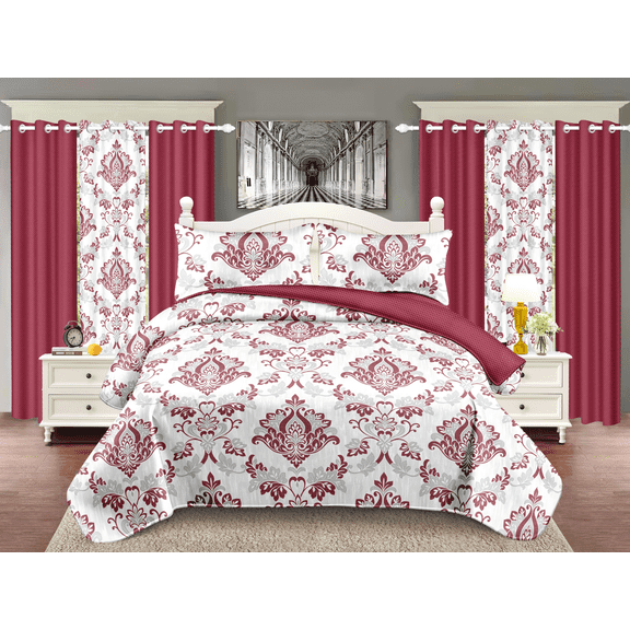 Burgundy Damask Floral Medium Size 9-Piece Bedding & Matching Grommet Curtain Full Set