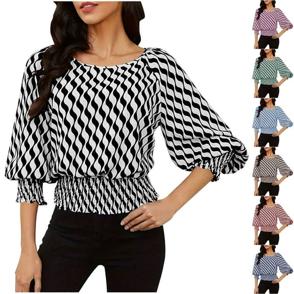 Olyvenn Womens Puff Sleeve Shirts Trendy 3/4 Sleeve Shirts Loose Fit Work Blouses Dressy Casual Elastic Waist Babydoll Tops Blue L