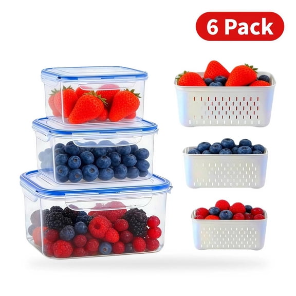 6 Pack Fruit Storage Containers for Fridge with Removable Colander,Keep Berry Fresh Longer Produce Saver Bins