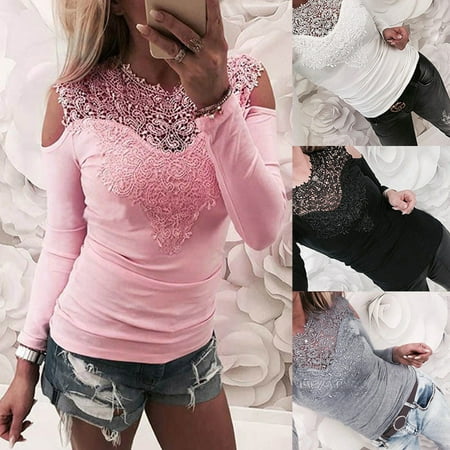 Lace Shift - Women Sexy Solid Lace Cold Shoulder Long Sleeve Slim Blouse Top T-Shirt S-XL