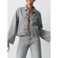 thumbnail image 4 of Michellecmm Women's Denim Tie Front Jacket Solid Color Lapel Neck Long Sleeve Casual Crop Coat, 4 of 7