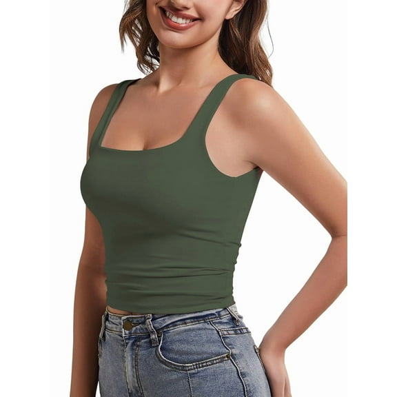 Women Double Lined Womens Tank Tops Y2K Going Out Crop Tops Slim Sleeveless Summer Square Neck Shirts  Green L