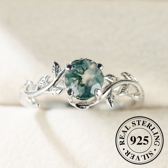 Pure Silvery S925 Retro Round Agate Edge Leaf Ring Simple and Unique Elegant Ring for Daily Wear Exquisite Gift 2.5g Note: Water Grass Agate is a natural agate stone, each one is slightly different
