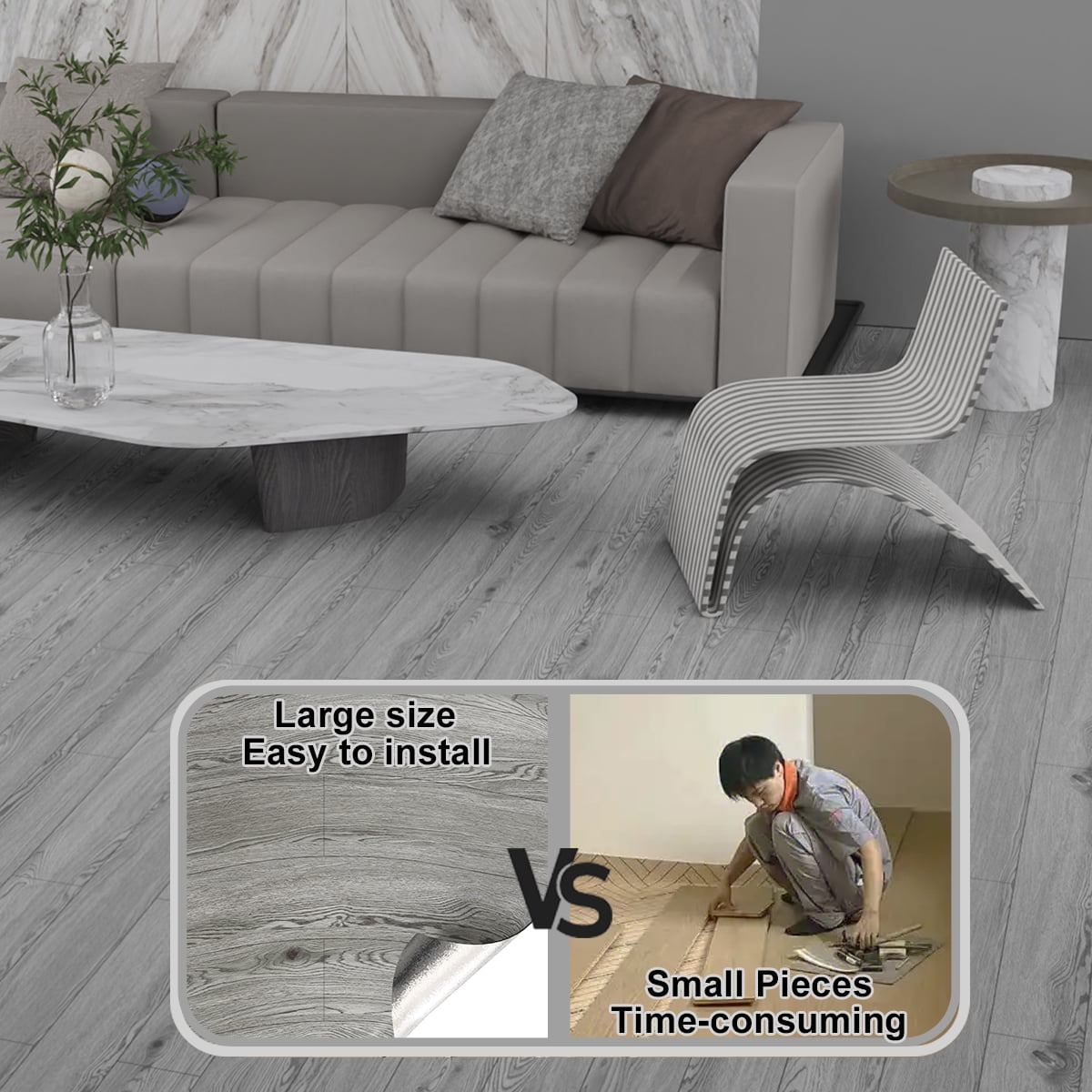 Vinyl Flooring Roll PVC Thickened Peel and Stick Floor Wood Plank Self Adhesive Flooring DIY 23.6" X 196" Dark Gray