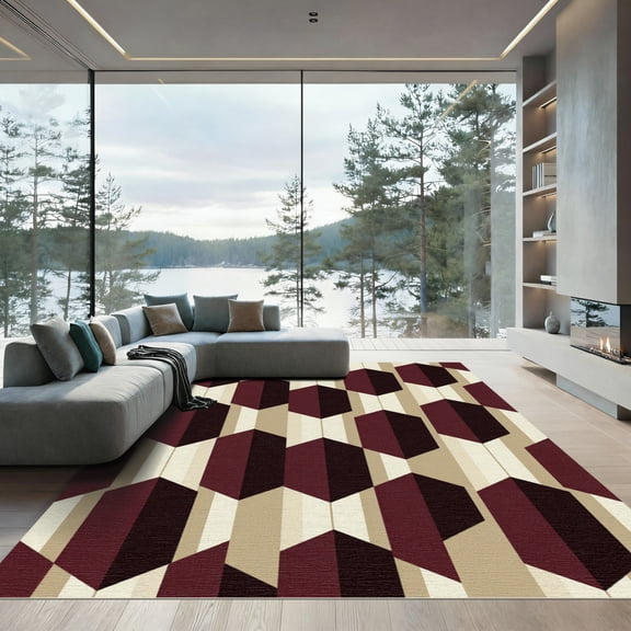 ODIKA 4'x6' Machine Washable Non-Slip Area Rug, Geometric Burgundy High Traffic Rug, Red, 1280460