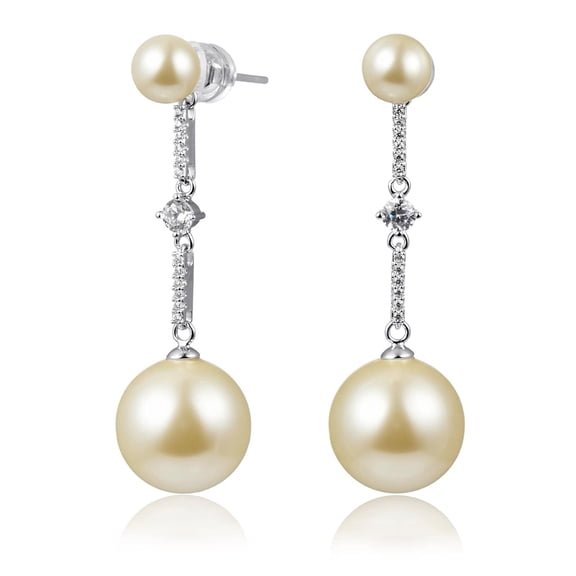 Pearl Dangle Earrings for Women, White Gold Plated Chain Drop Design with 925 Sterling Silver Posts, Cubic Zirconia Statement Jewelry Gifts