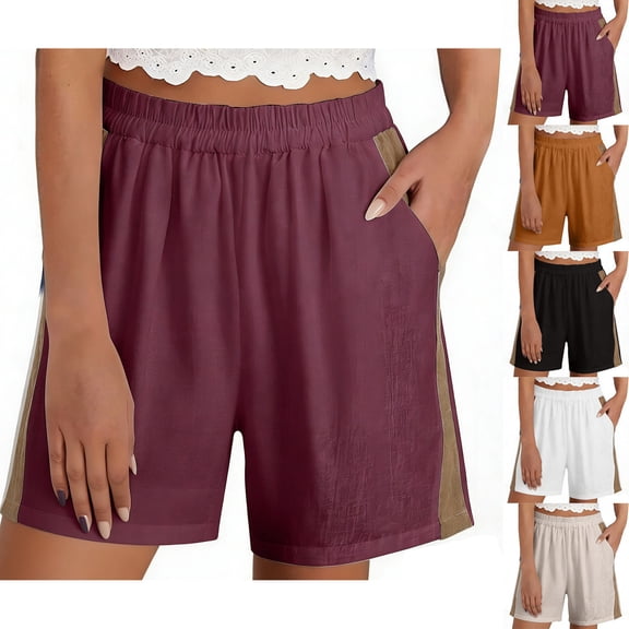 USSUMA Womens Colorblock Patchwork Wide Leg Five Inch Inseam Shorts High Waist Elastic Waist Pull On Breathable Cotton Blend Relaxed Fit Casual Summer Beachwear Travel