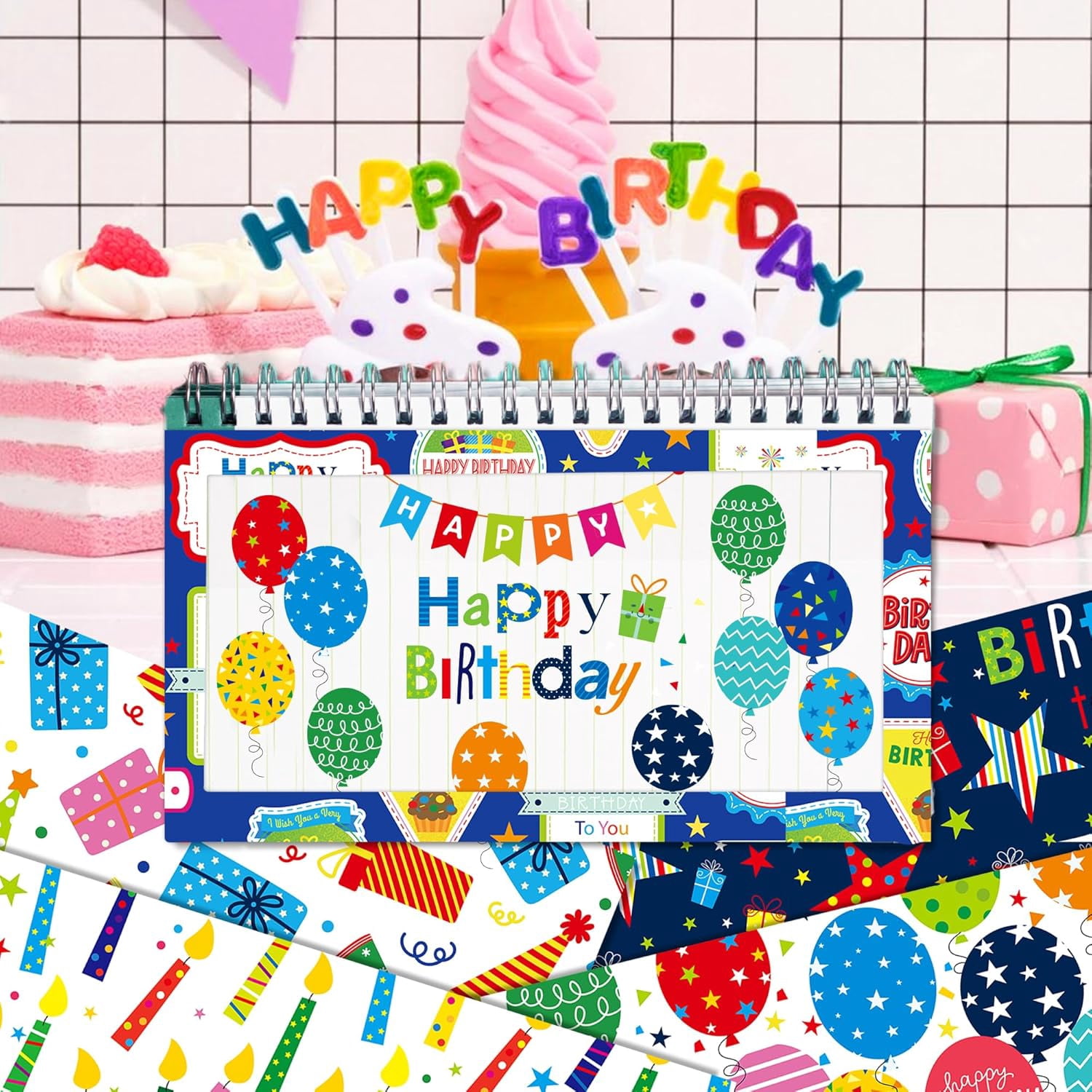 24 Sheets Happy Birthday Scrapbook Paper 11.8'' x 11.8'' Candle Balloon Topper Dessert Gift Birthday Themed Pattern Double Sided Decorative Sheets for DIY, Junk Journal,Collage,Card Making Supplies