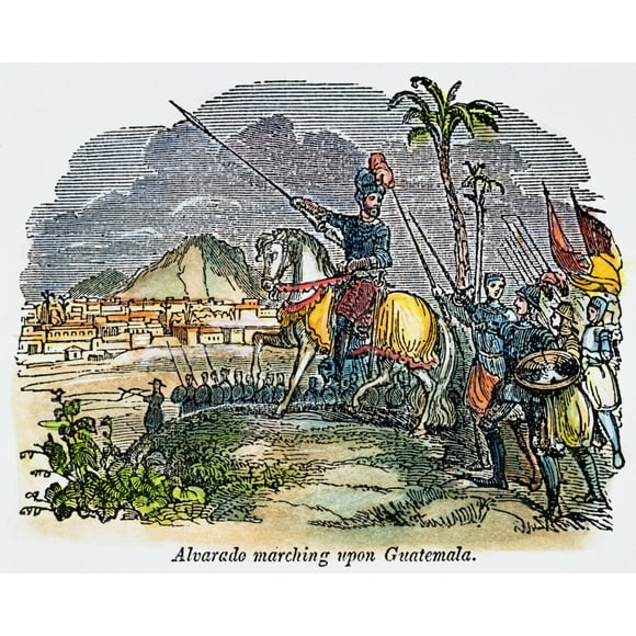 Pedro De Alvarado /N(C1485-1541). Spanish Soldier. Alvarado And His Men Marching Upon Guatemala In 1523. Wood Engraving, American, 1848. Poster Print by  (18 x 24)