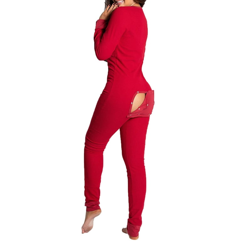 Aunavey Womens One Piece Pajamas Bodycon Jumpsuit Union Suit with Button Back Butt Flap