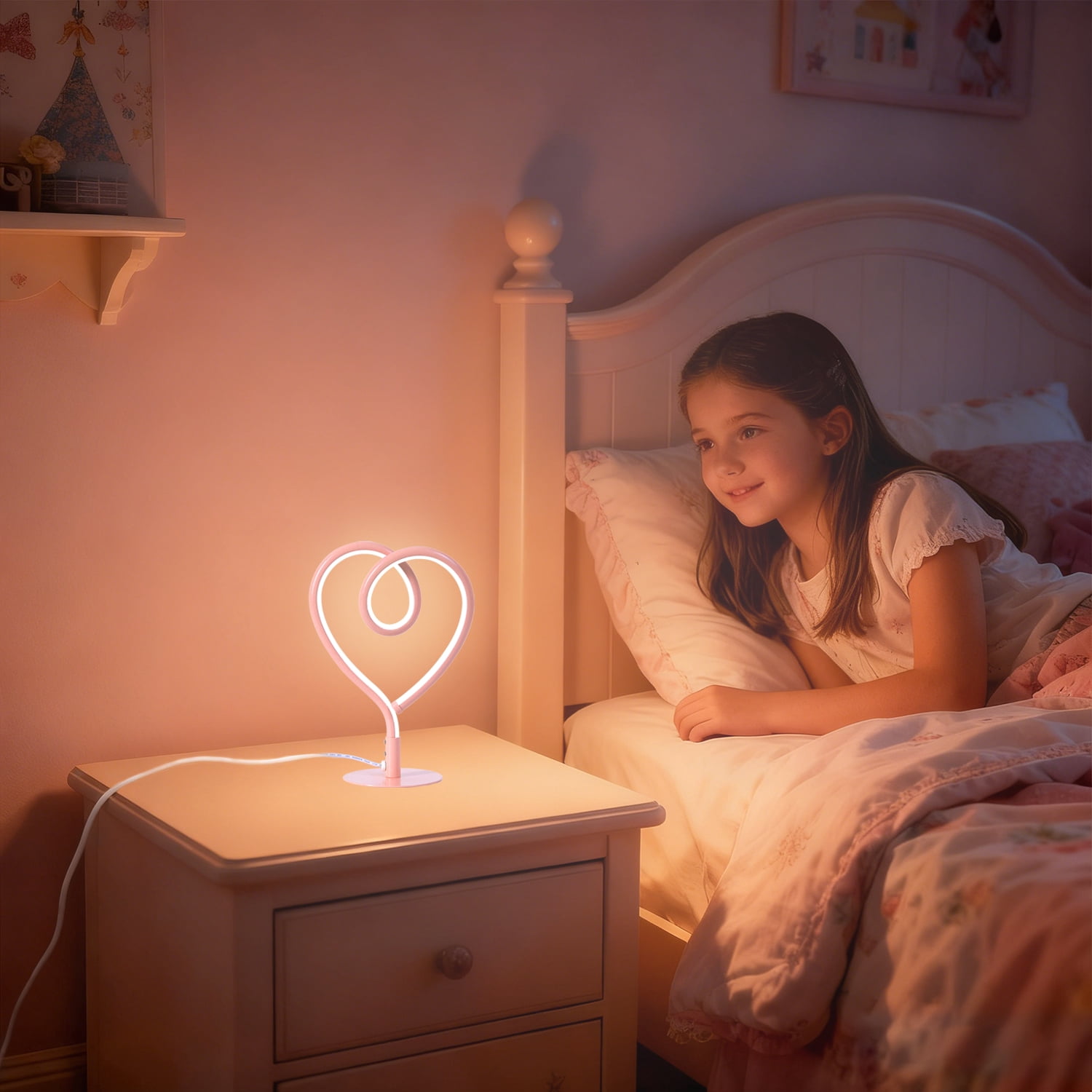 Sunnyin LED Lights Pink Table Lamp Heart Shape 3CCT USB Adapter Night Light