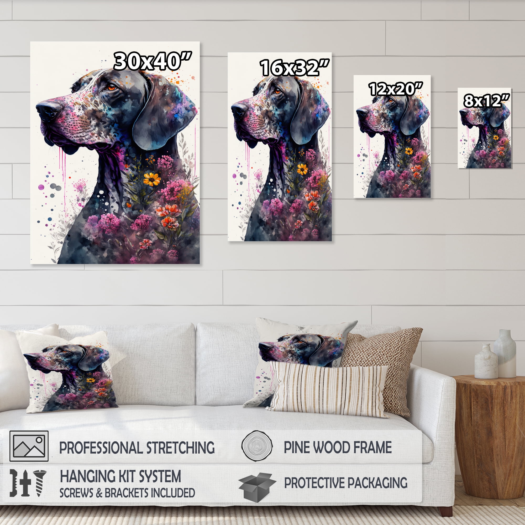 Designart Cute Germand Dog Floral Art Canvas Wall Art
