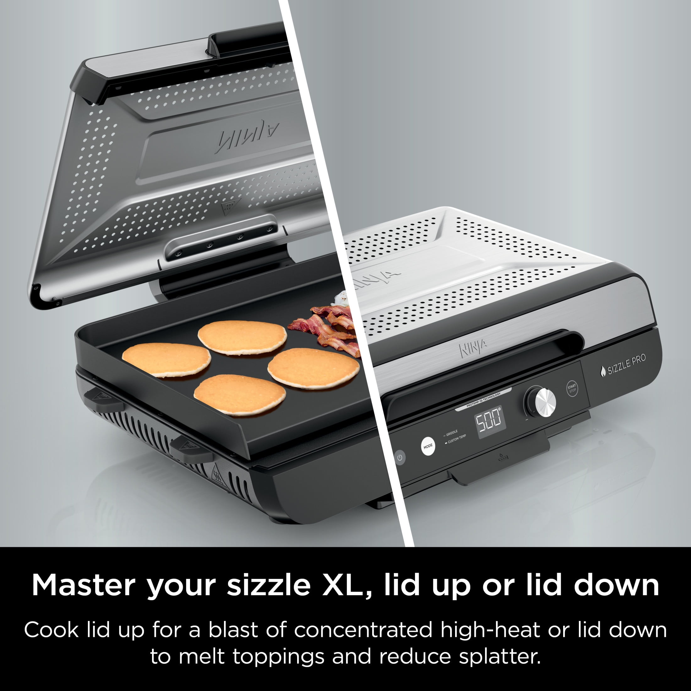 Ninja Sizzle Pro XL 8-Serving Electric Indoor Griddle & Grill, 20-Inch Plates, Edge-to-Edge Heating, GX100, Silver/Black