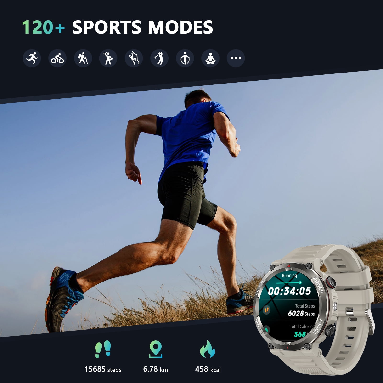 Blackview Military Smart Watch for Men, 1.45" HD Display Bluetooth Calling Smartwatch with Flashlight, Compass, 960mAh Battery, 100+ Sports Modes, Rugged Fitness Watch for Android iPhone, Khaki