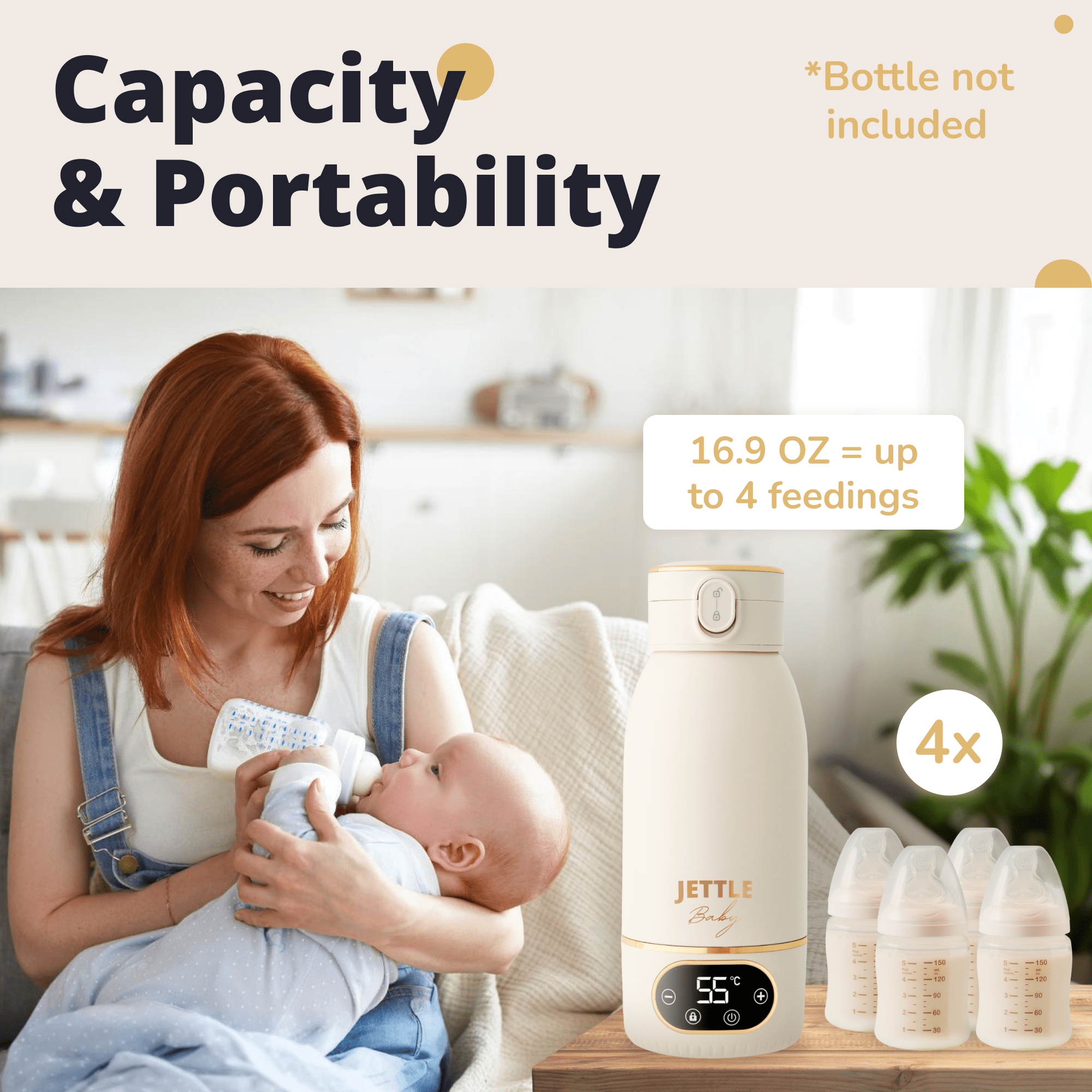 Portable Baby Bottle Warmer 500ml - Baby-Safe Travel - Cordless Rechargeable Formula & Breast Milk Warmer with LED Temperature Control