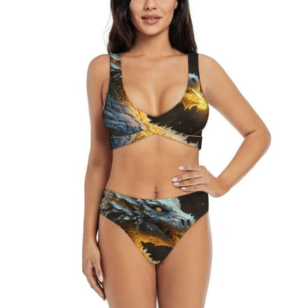 Zeuib Golden White Fire Dragon High Waisted Tummy Control Bikini Set - Knot Front Push Up Top & Cheeky Thong Bottom  Two-Piece Swimsuit for Women-XX-Large
