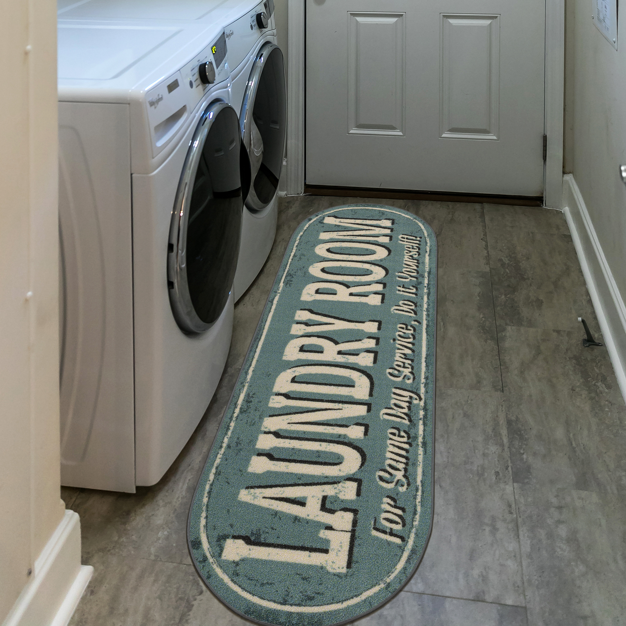 Ottomanson Non-Slip Rubberback Text 2x5 Laundry Room Runner Rug, 20" x 59" Oval, Baby Blue