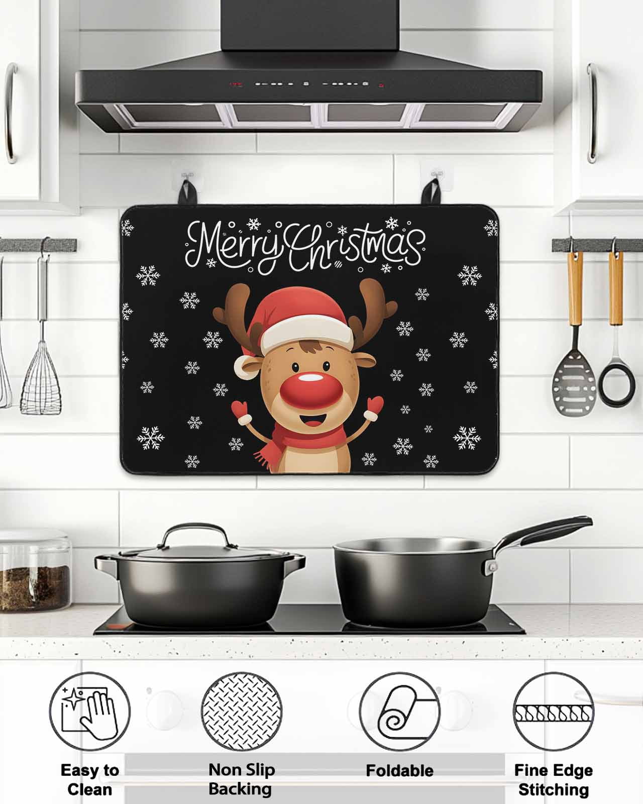 Stove Top Covers for Electric Stove, Merry Christmas Glass Stovetop Cover Protector, Winter Cartoon Xmas Deer Snowflake Induction Cooktop Protector Oven Mat for Kitchen Countertop 31"x24"