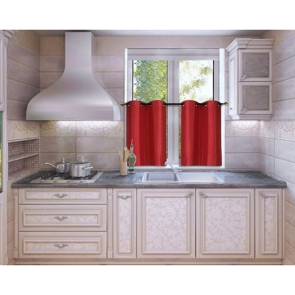 N25 Red 1-Set Light Filtering Kitchen Window Curtain, 2 Faux Silk Tier Panels With Bronze Grommets on Top