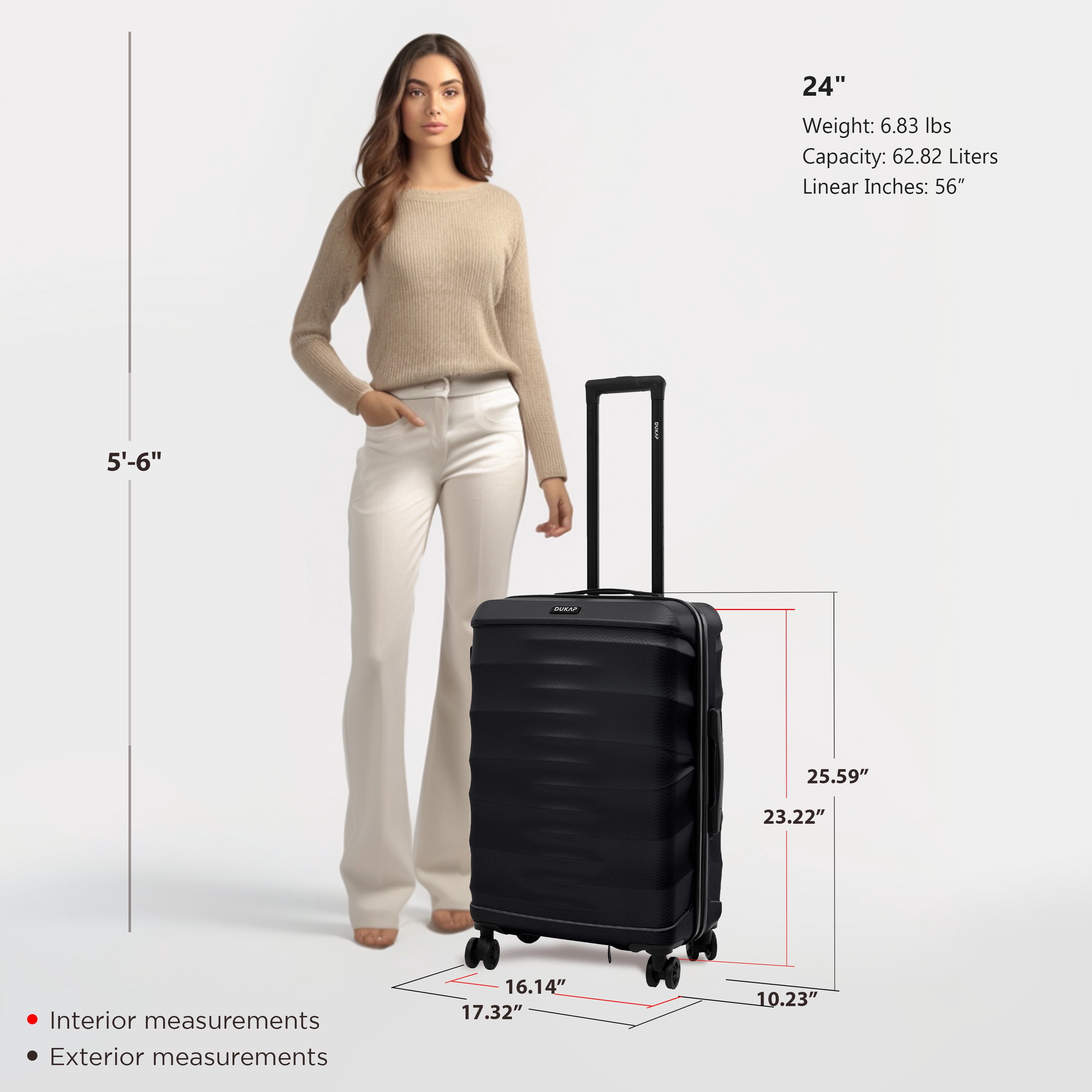 DUKAP RAV 24" Hardside Luggage with Spinner Wheels, Handle and Trolley, Black