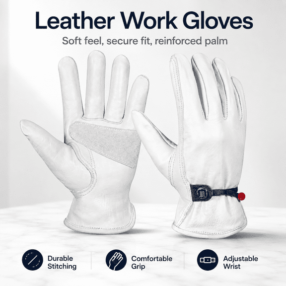 PAKNADA 1 Pair Goatskin Leather Work Gloves, White, Premium Safety Gloves for Construction, Farming, Gardening, Outdoor Use