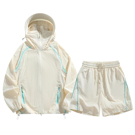 BODOAO Women's Hooded Jacket and Shorts 2 Piece Set Summer Casual Long Sleeve Zip Up Sporty Loungewear Outfit, Lightweight Track Suit with Side Pockets for Travel and Gym Beige L
