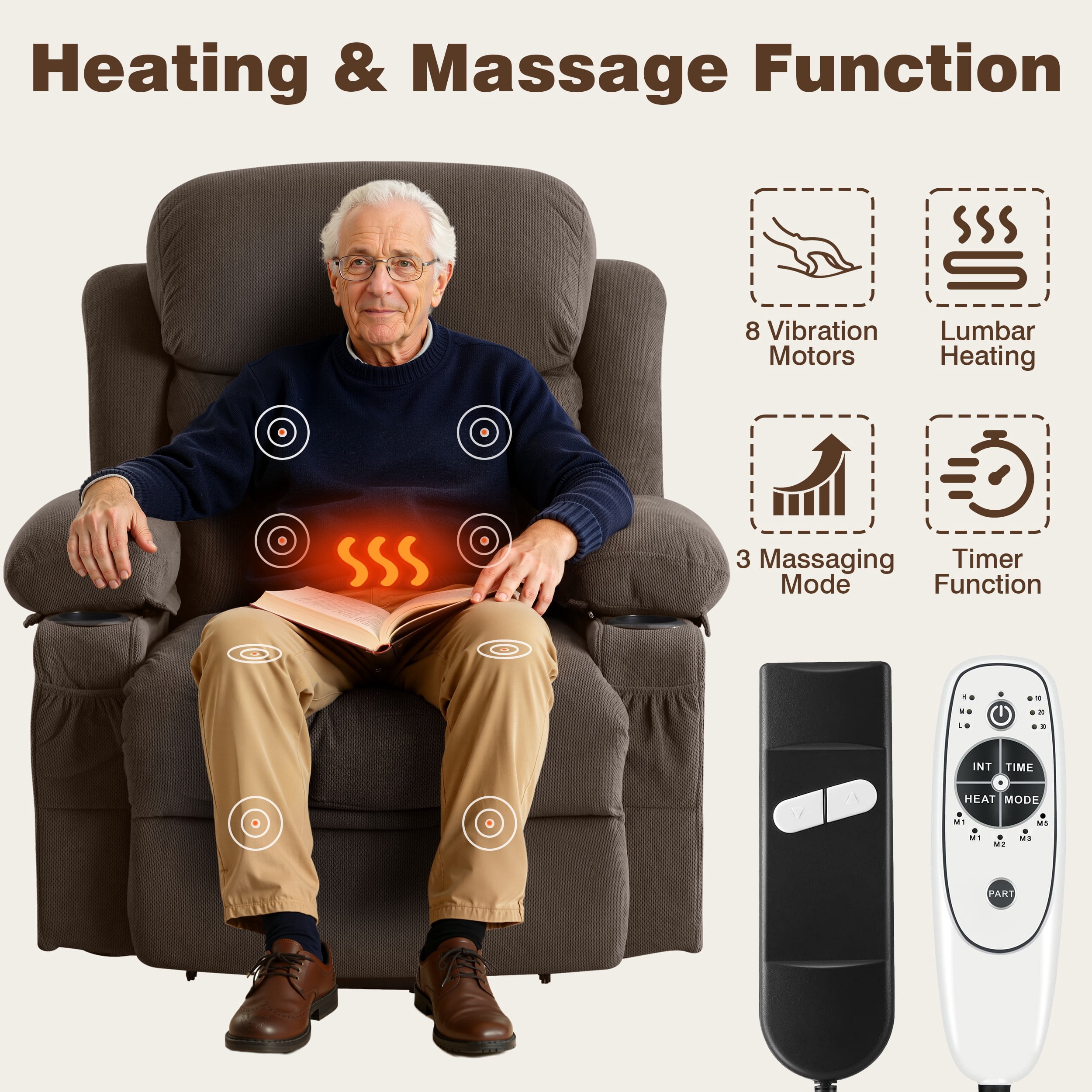 Lift Chair for Elderly, Power Lift Recliner Chair with Heat and Massage, 24.5" Oversized Massage Recliner for Living Room with Remote Control, Cup Holders, Easy Stand, 350lbs Capacity, Brown