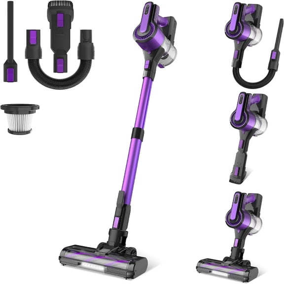 Cordless Vacuum Cleaner,30Kpa 60min Runtime Lightweight Stick Vacuum,8 in1 Self-Standing,Rechargeable Vacuum Cleaners for Pet Hair,Carpet,Hardwood Floor V870(Purple)