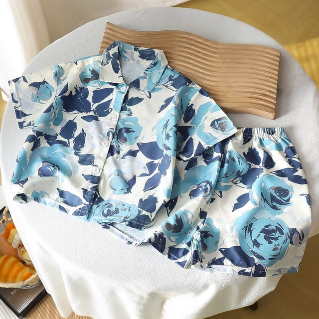 Conjuntos de solapa de manga corta para niños de verano, camisa de solapa de manga corta con estampado floral, top estilo playero informal + pantalones cortos sueltos con cintura elástica, conjunto de