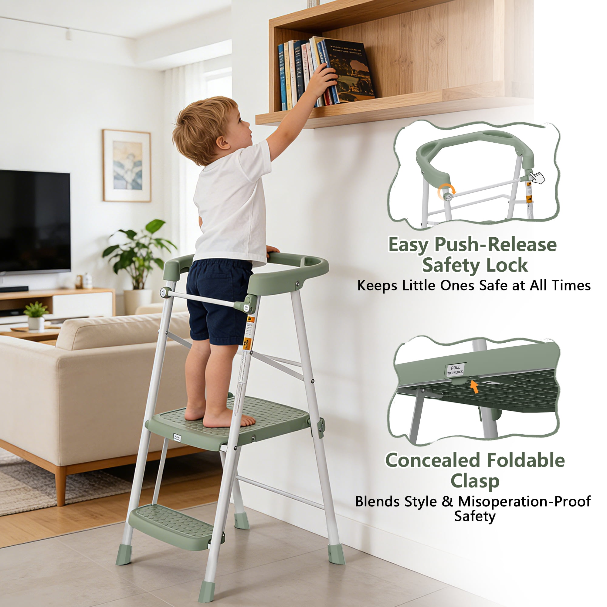 LevLad Toddler Kitchen Step Stool Helper for Kids, Foldable Learning Standing Tower for Kitchen Counter, Bathroom Sink, Green
